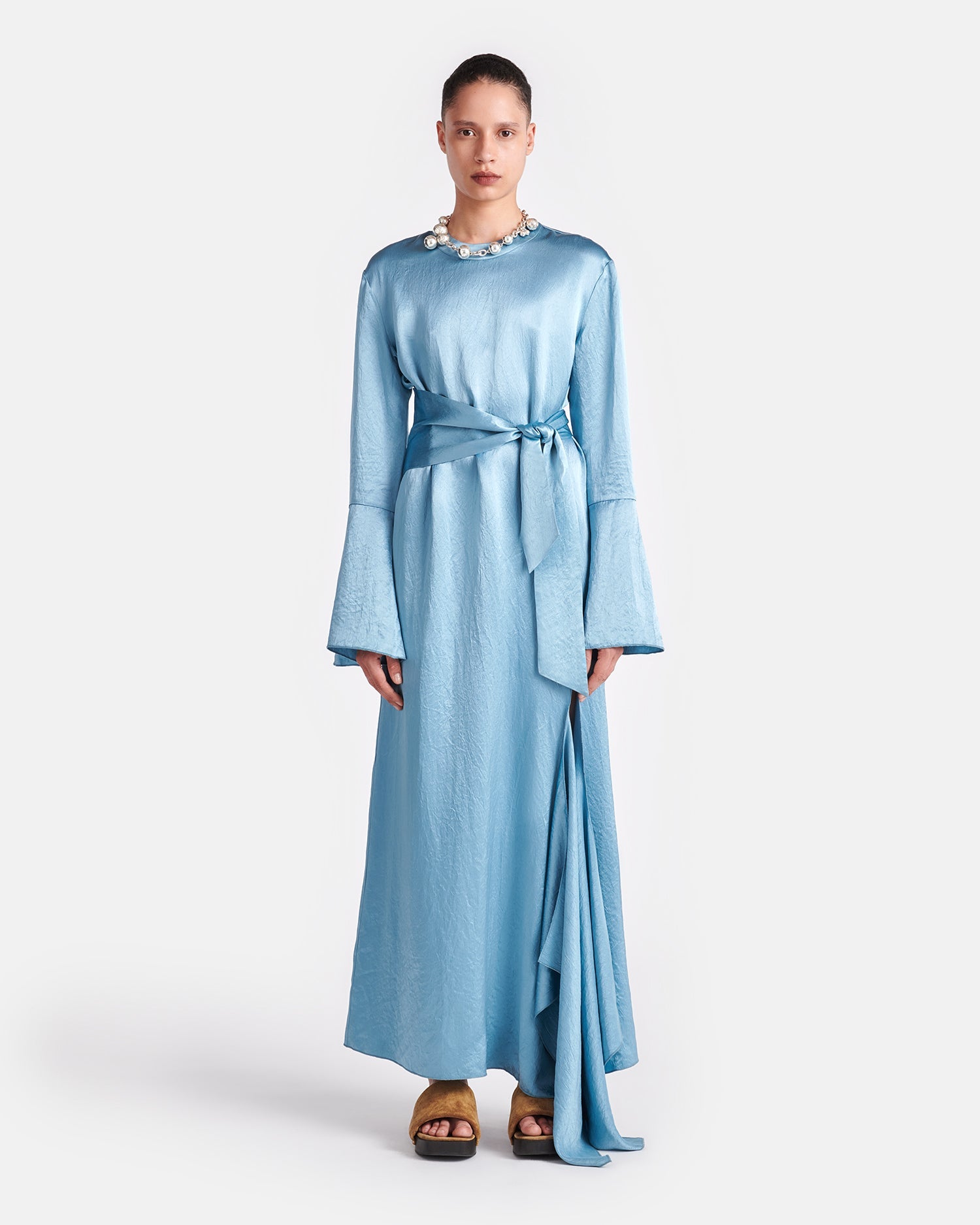 Womens | Jabelle Belted Crinkled-Satin Maxi Dress | Aqua