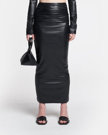 Hester Ruched Okobor Alt-Leather Midi Skirt | Black