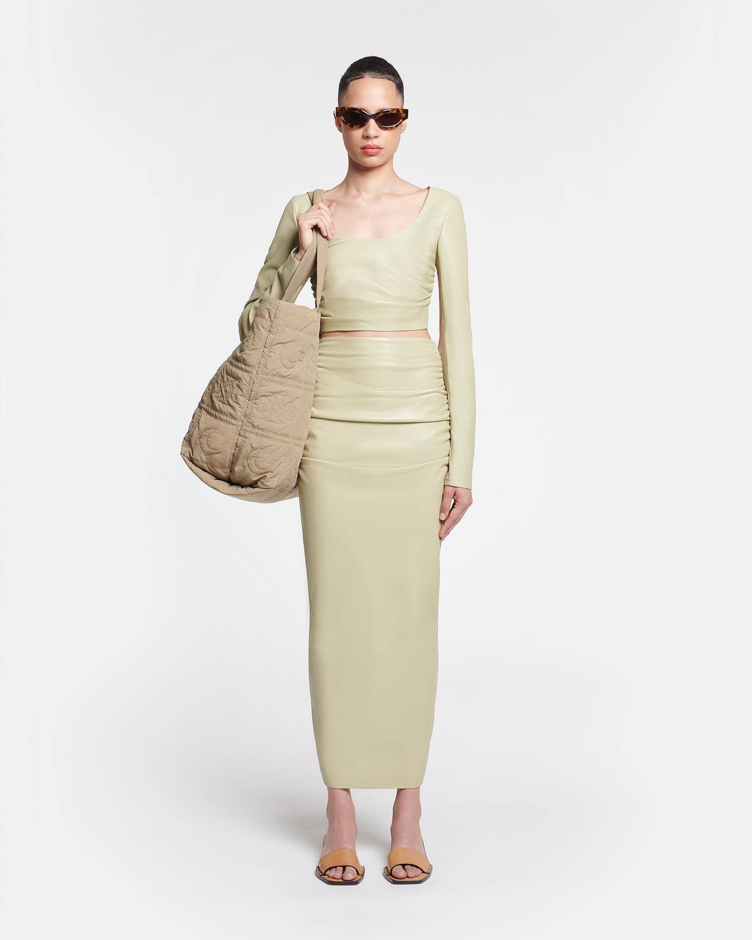 Womens | Hester Ruched Okobor Alt-Leather Midi Skirt | Pale Olive