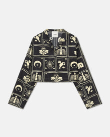 Womens | Vally Cropped Printed Silk-Twill Shirt | Folk Art Black