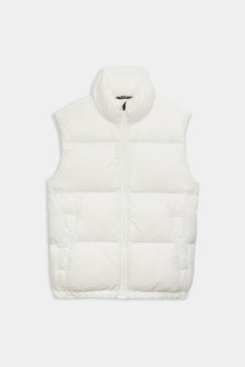 The SPLITS59 Summit Nylon Puffer Vest in white features a sleeveless design, high collar, front zipper closure, and two side pockets for lightweight insulationâ€”ideal for cool weather workouts. Shown laid flat on a white background.
