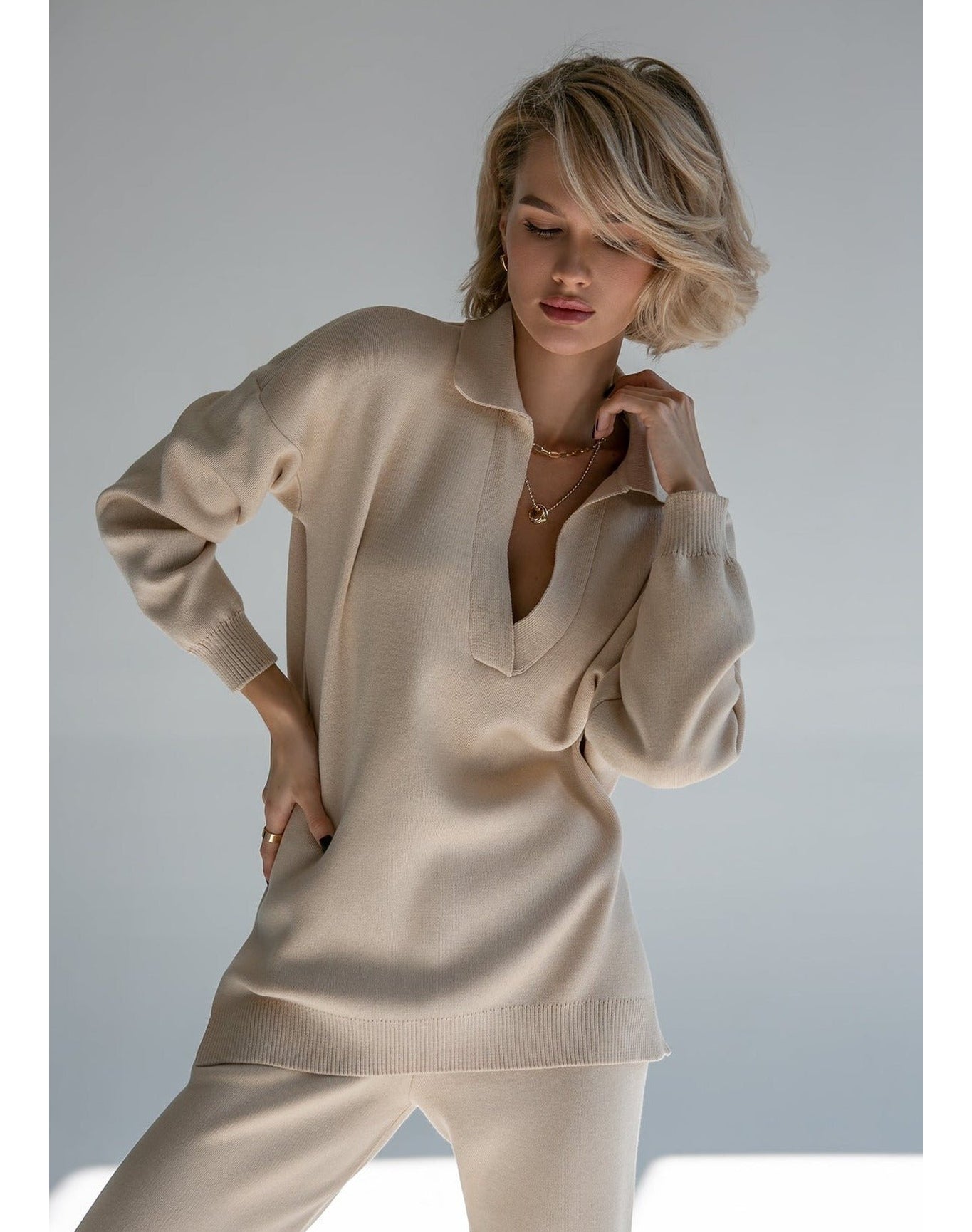 Nalla Cream Polo Oversized Sweater | Beige