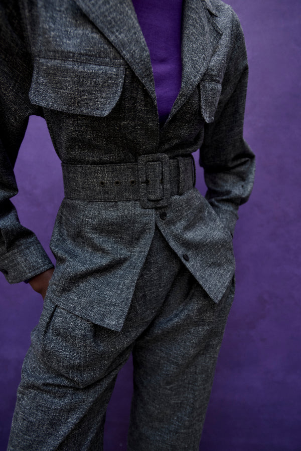 detail image of a woman wearing the natalia jacket in black/white | Exclude | ALT GRID