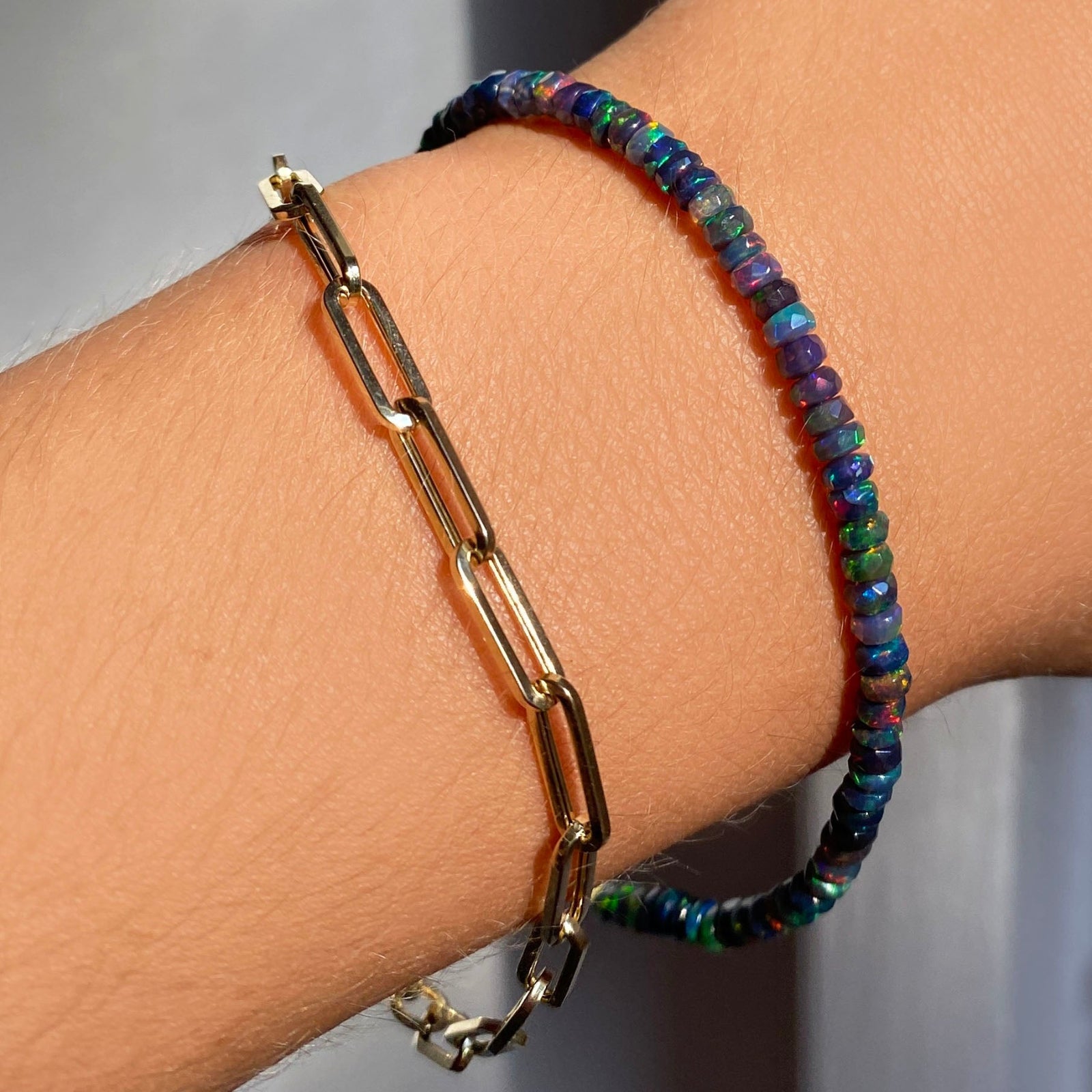 14k Gold Chunky Paperclip Chain Bracelet styled with a Opal Bracelet