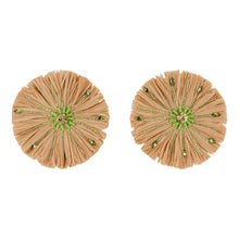 Raffia and Green Beaded Oversized Stud Earrings on Flat White Background