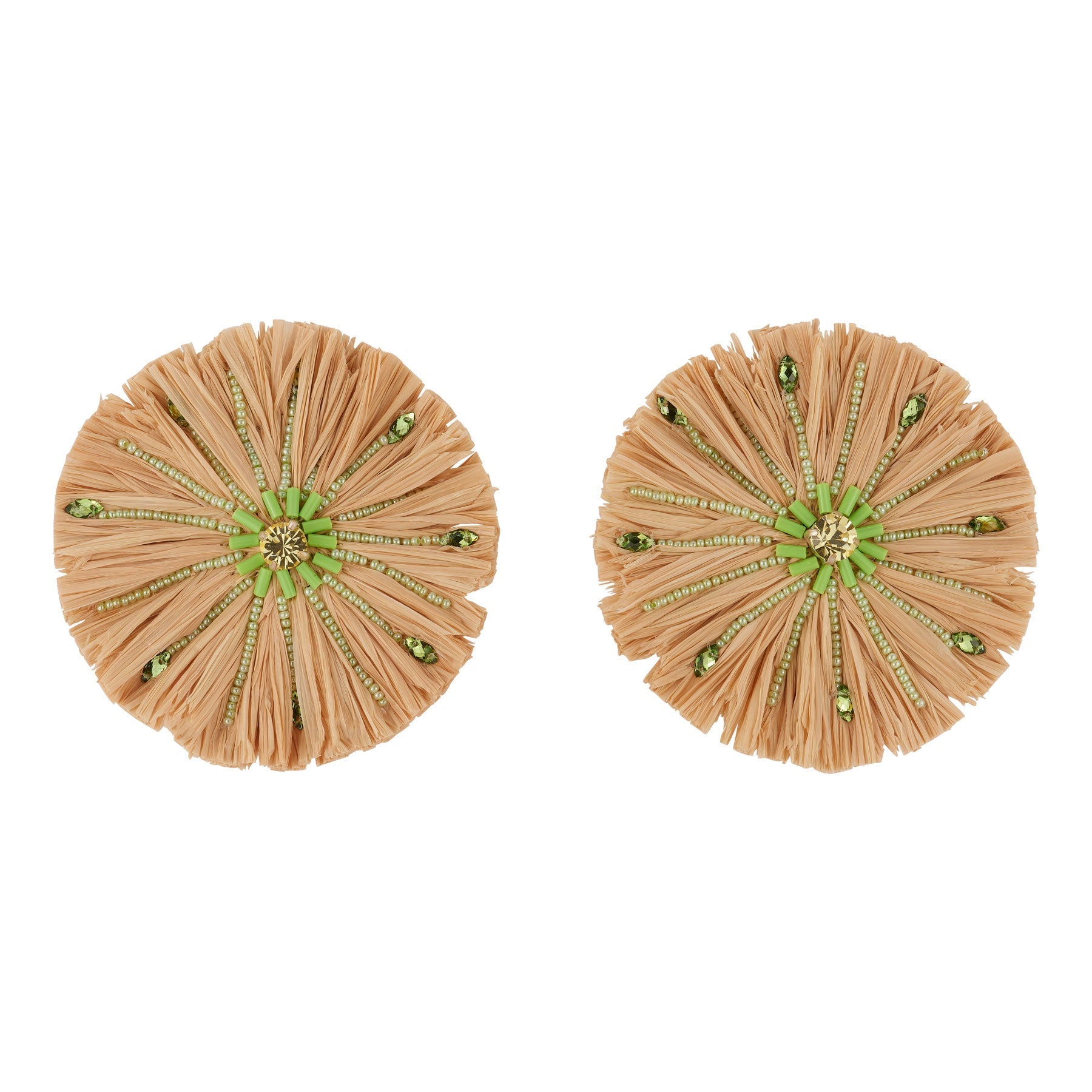 Raffia and Green Beaded Oversized Stud Earrings on Flat White Background
