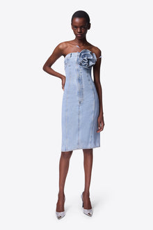 Flower Corsage Strapless Midi Dress | Super Light Wash