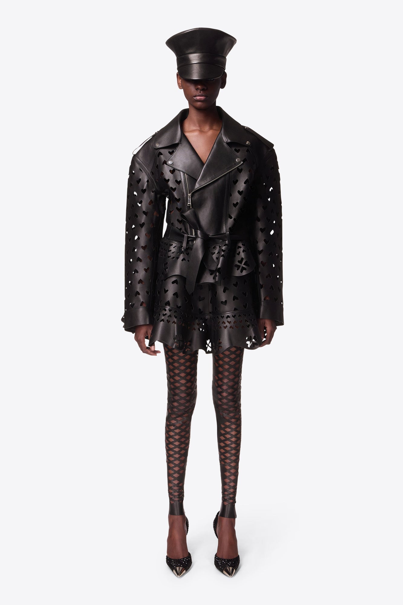 Laser-Cut Leather Heart Moto Jacket | Black