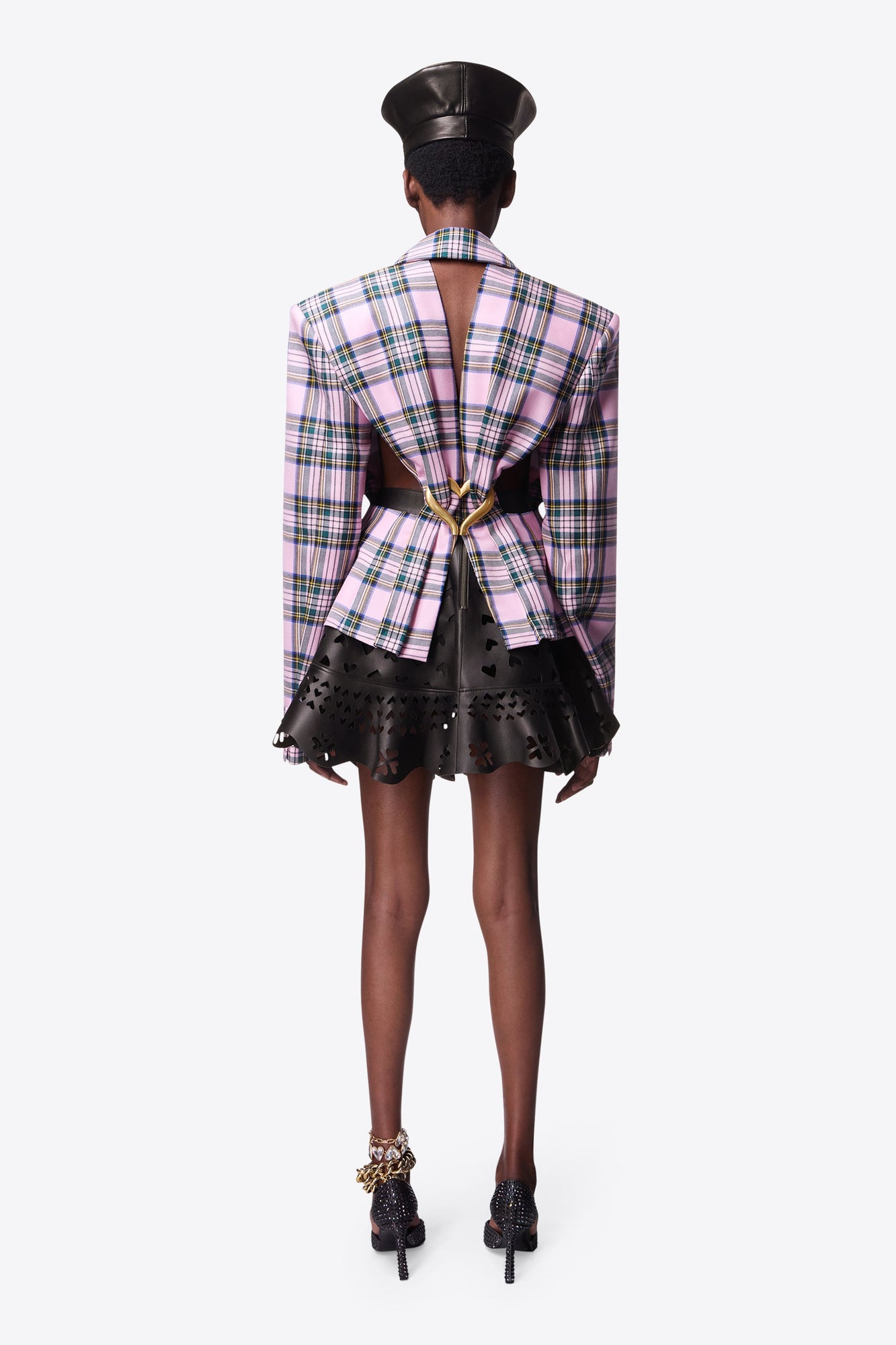 Heart Draped Cutout Checked Blazer | Pink Multi