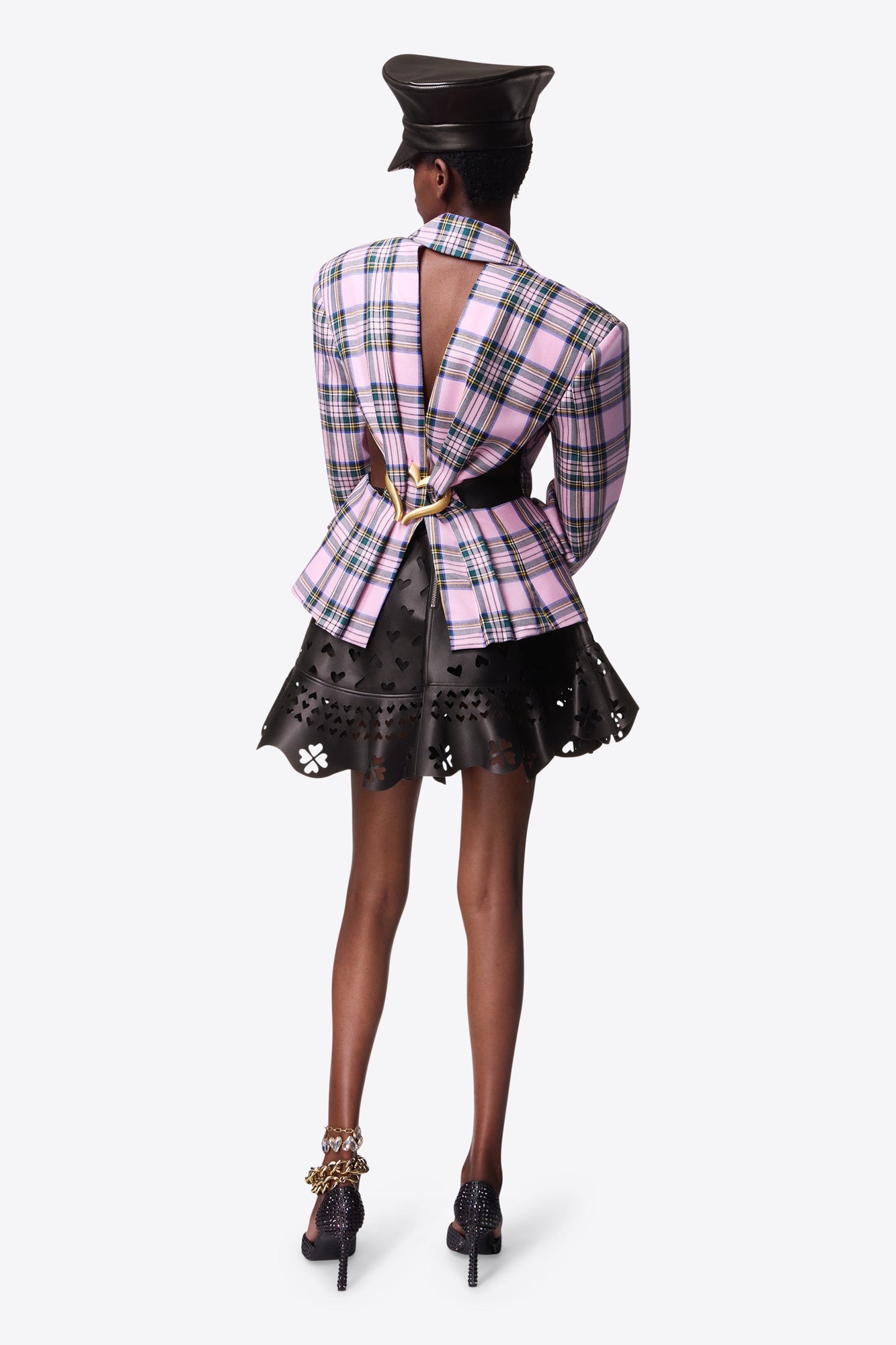 Heart Draped Cutout Checked Blazer | Pink Multi