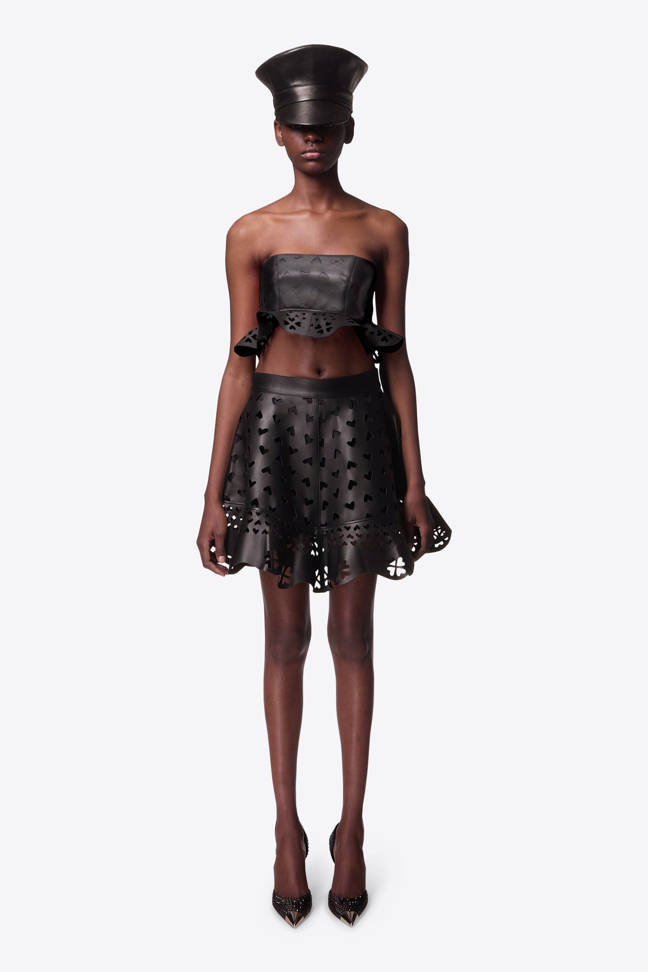 Laser-Cut Leather Heart Mini Skirt | Black