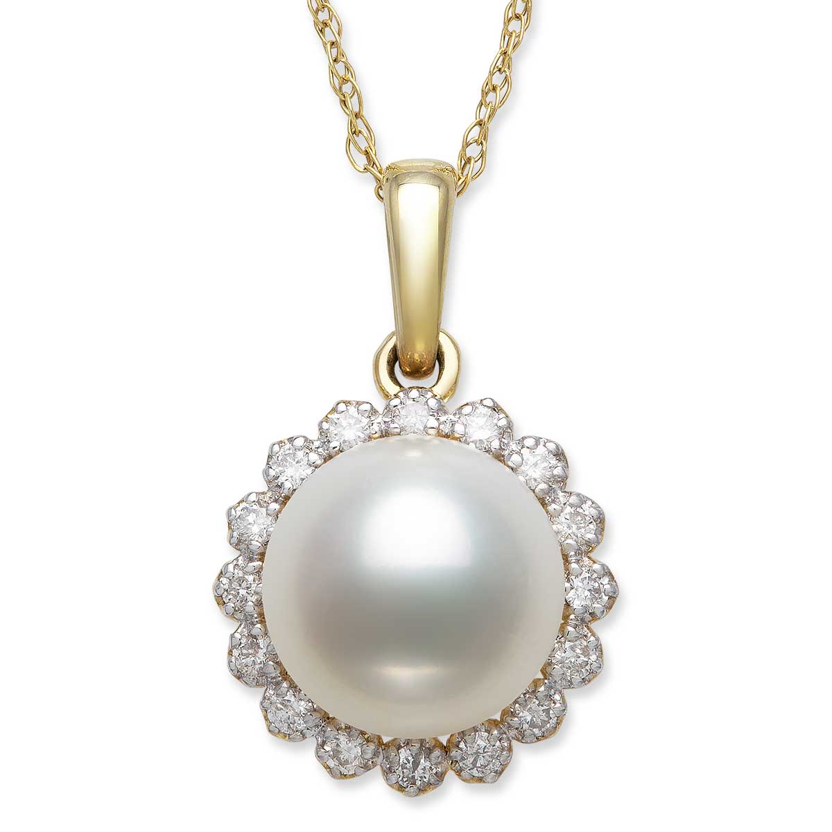 Round Pendant Necklace | 14K Yellow Gold | 0.15 Carat Lab Grown Diamond/White Akoya Pearl | 8mm - 9mm | H-I-I2-I3