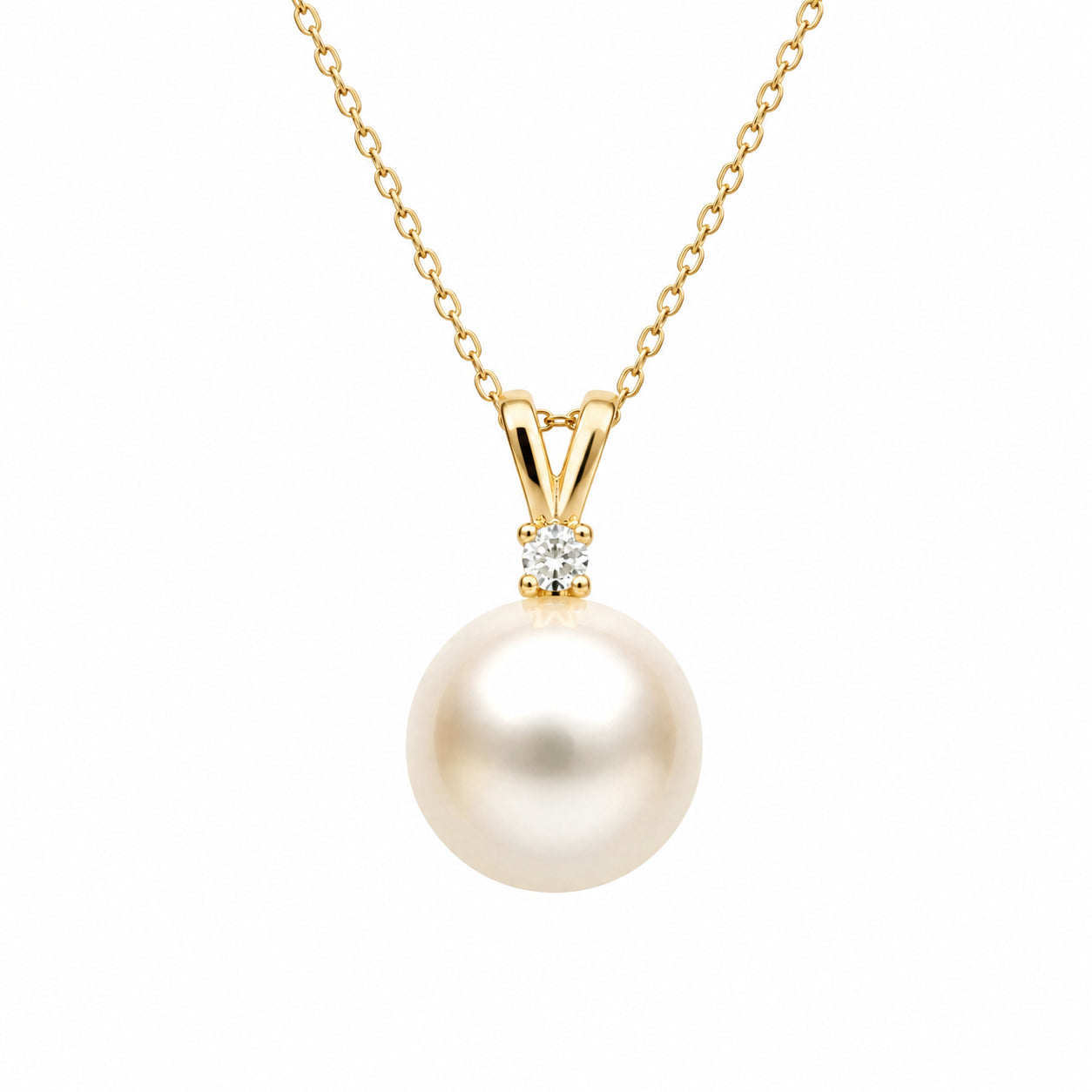 Round Pendant Necklace - Diamond Accent | 14K Yellow Gold | White Freshwater Pearl | 8mm - 9mm | 18"