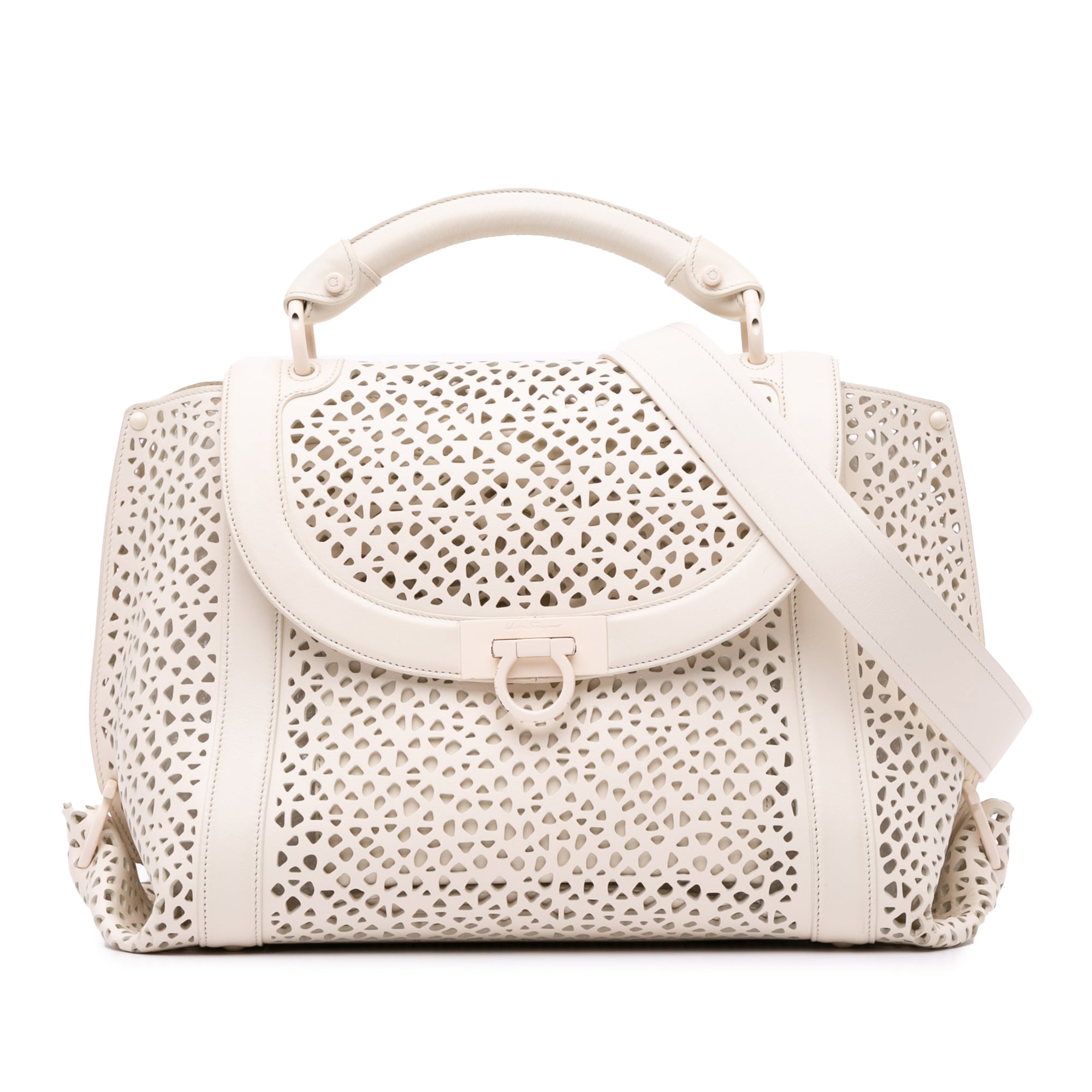 Ferragamo | Pre-Owned Leather Laser Cut Gancini Sofia | White