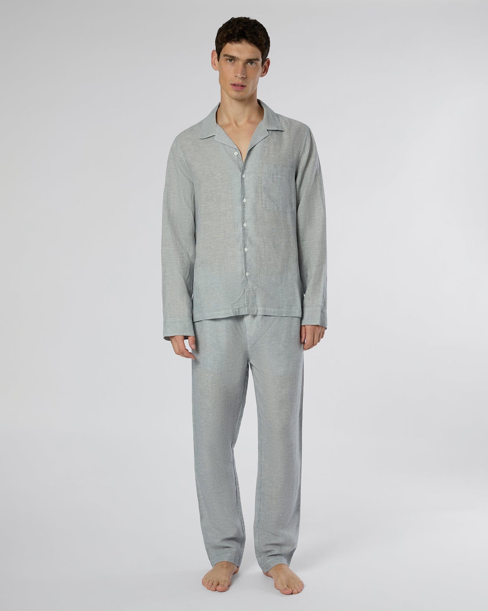 Mens | Linen Home Long Sleeve Camp Shirt | Deep Navy/White