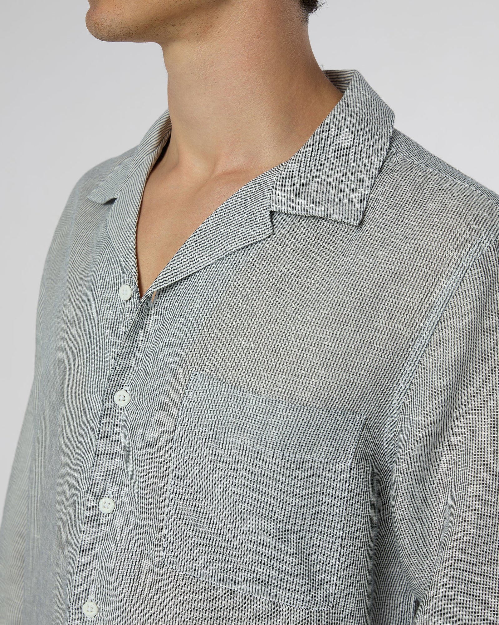 Mens | Linen Home Long Sleeve Camp Shirt | Deep Navy/White
