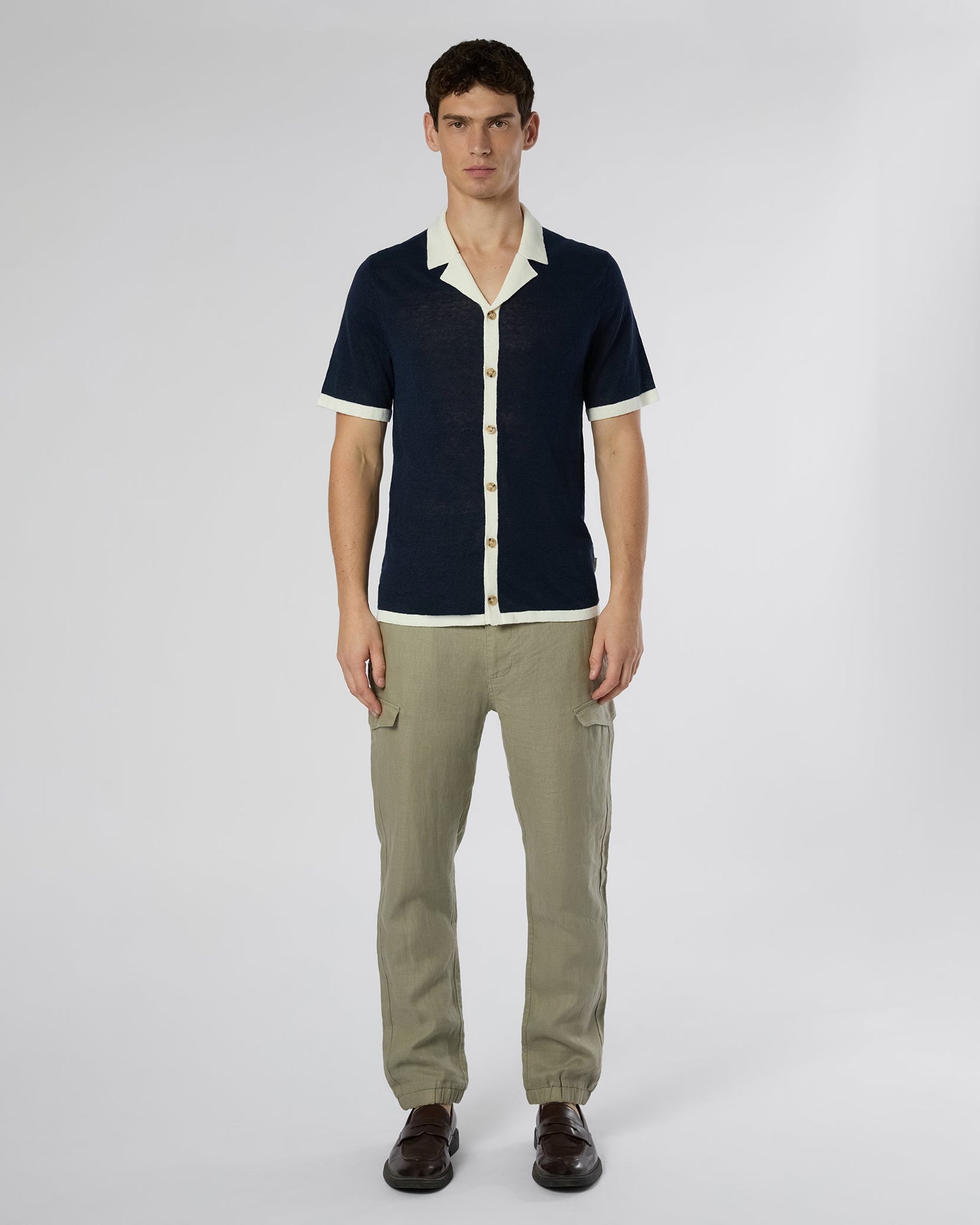 Mens | Linen Knit Camp Shirt | Deep Navy/White