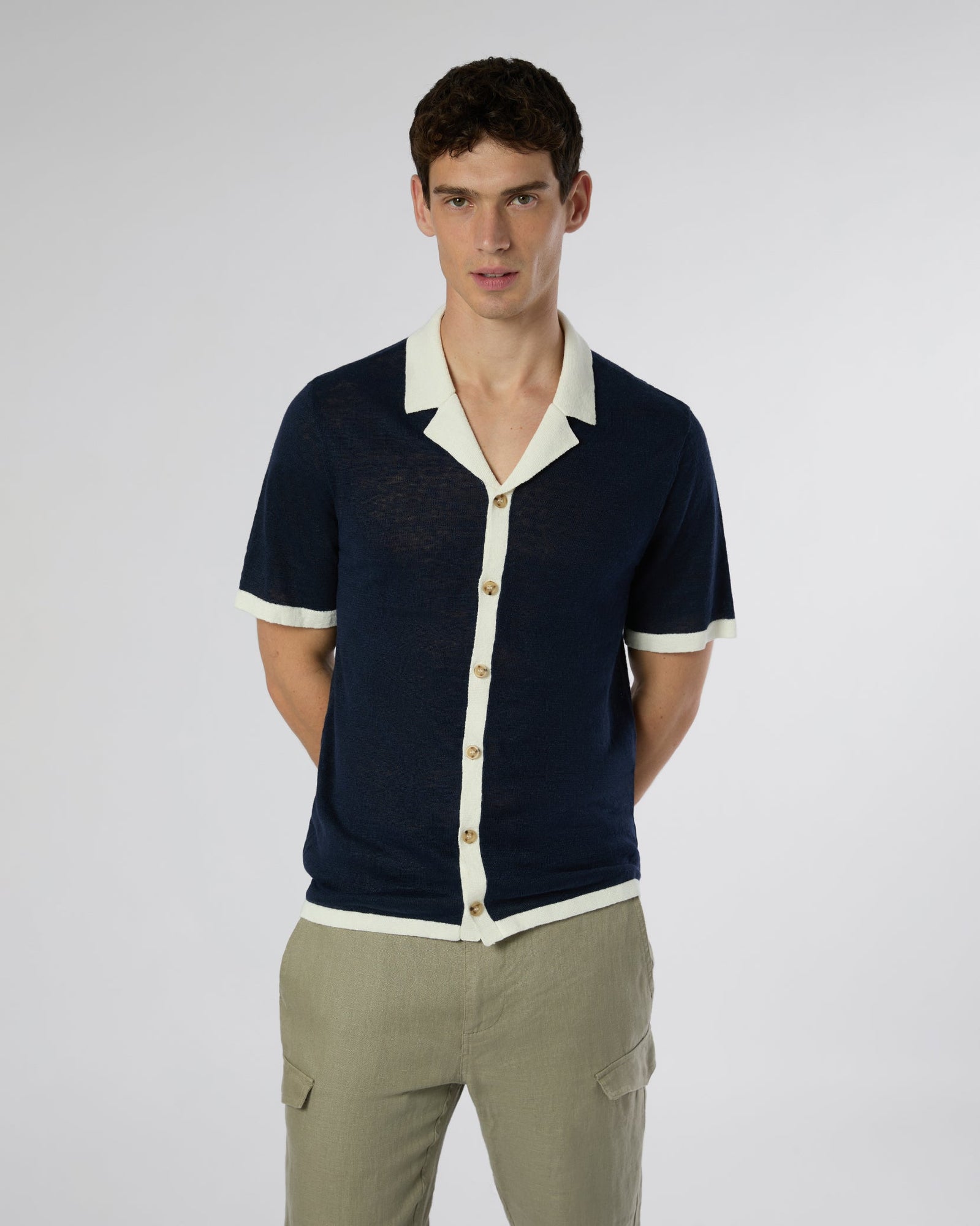 Mens | Linen Knit Camp Shirt | Deep Navy/White