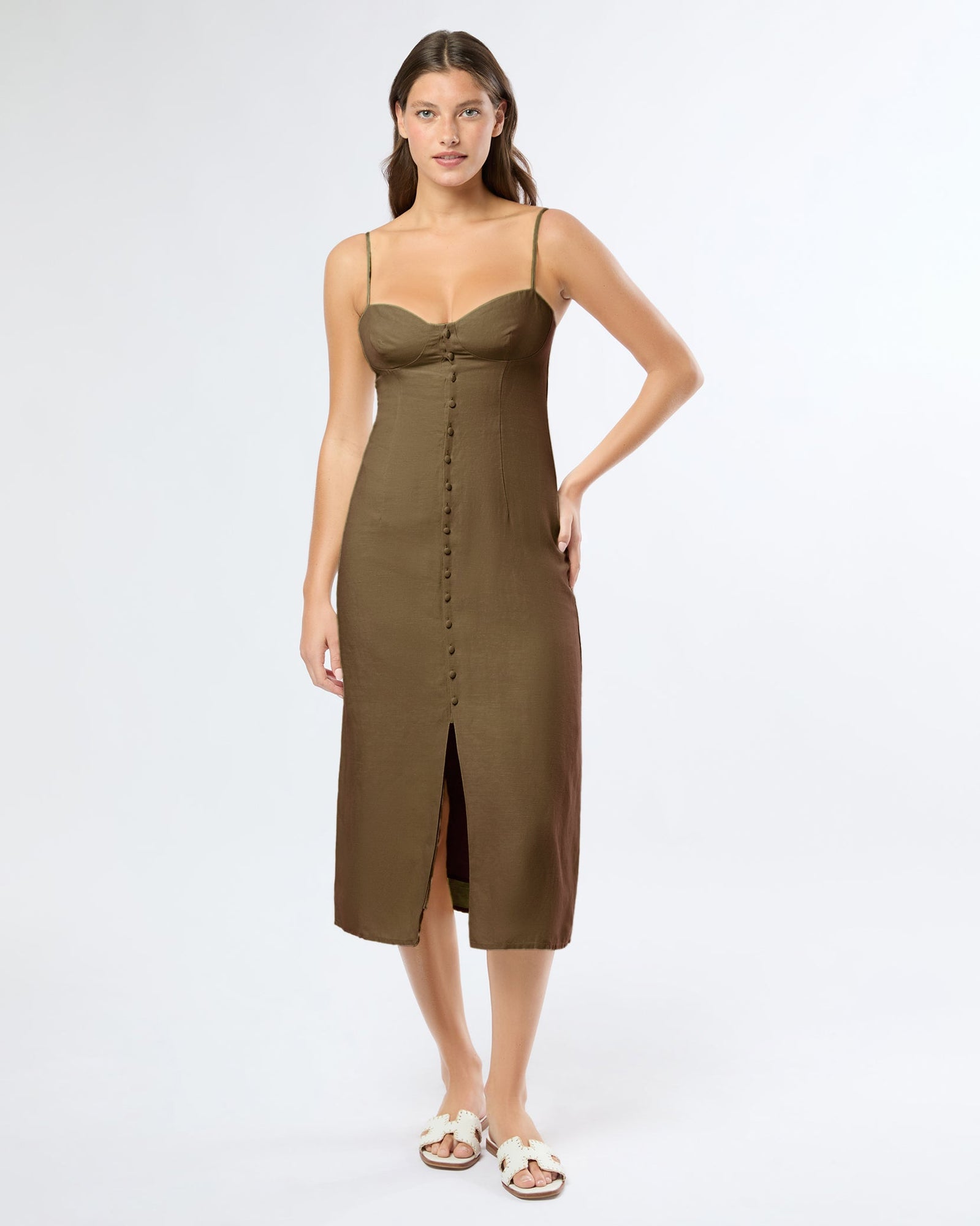 Womens | Air Linen Corset Midi Dress | Olive