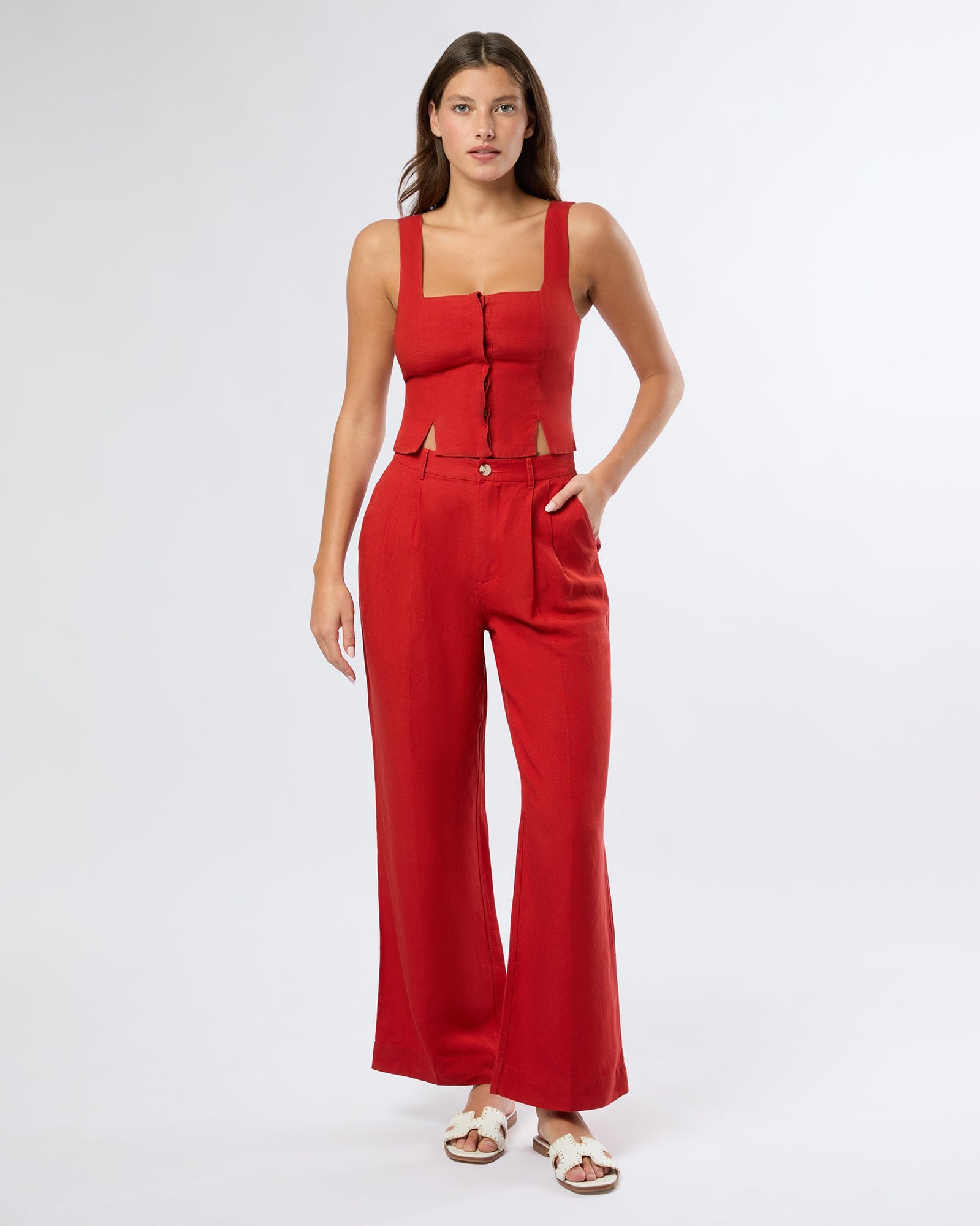 Womens | Air Linen Square Neck Top | Dark Red