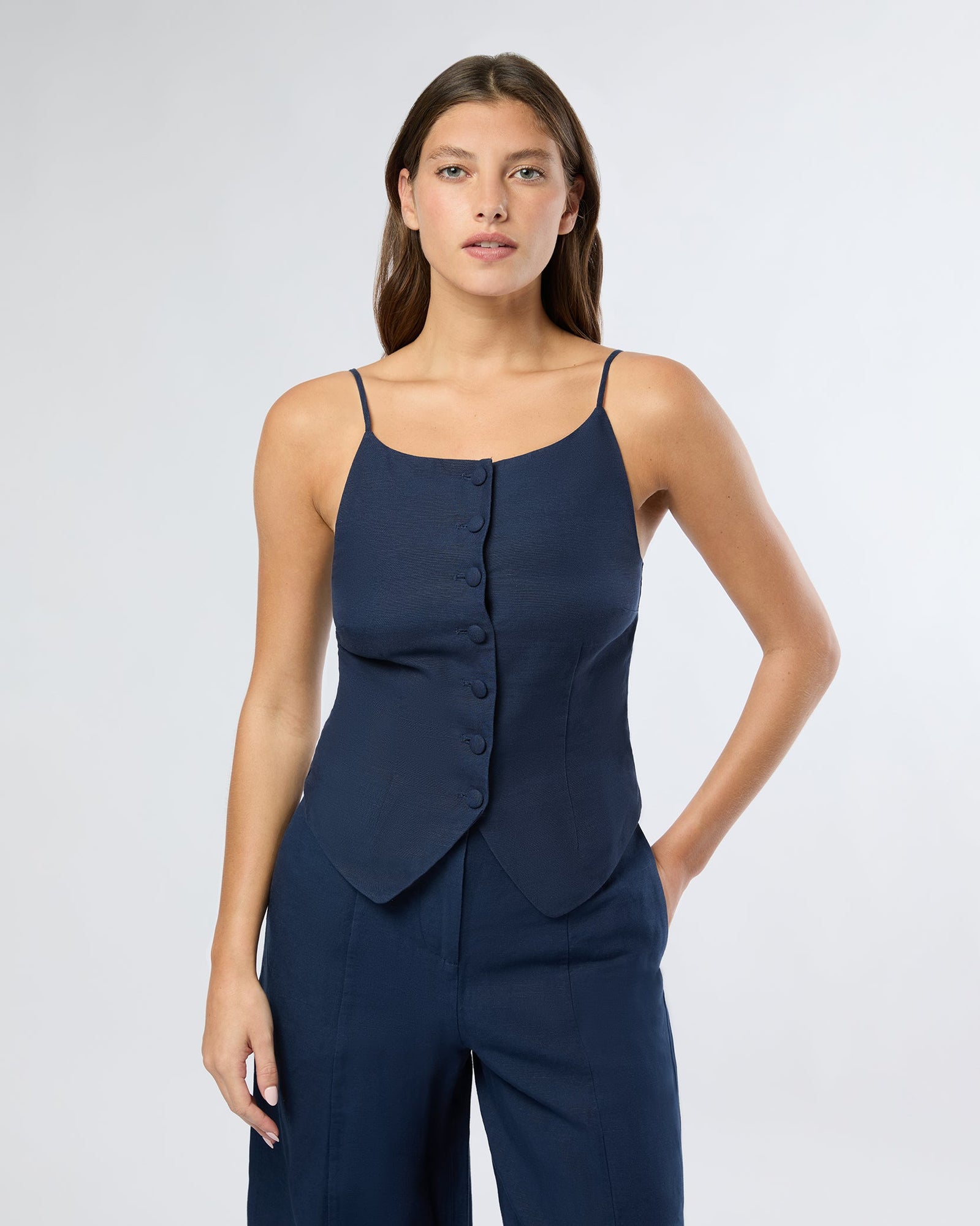 Womens | Air Linen High Neck Top | Deep Navy