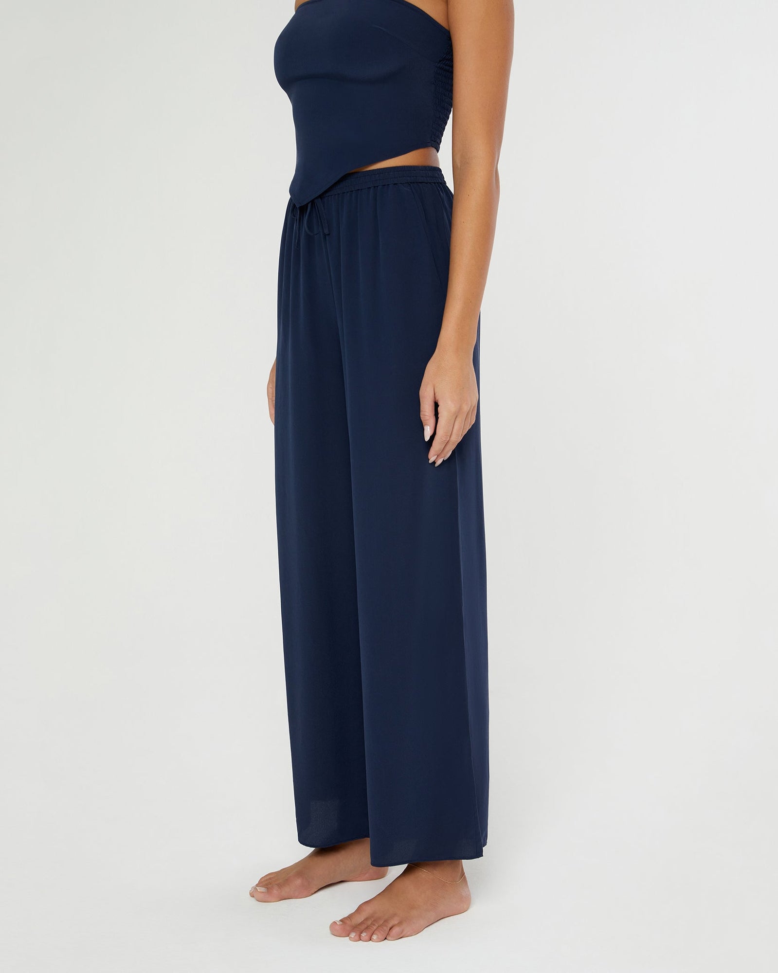 Womens | Silk Wide Leg Drawstring Pant | Deep Navy