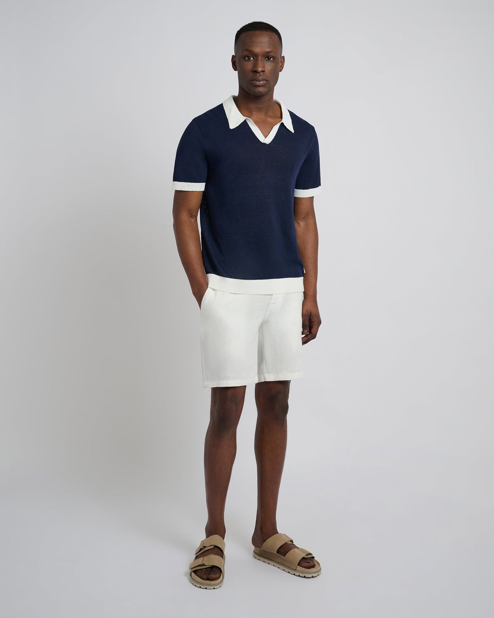 Mens | Linen Johnny Collar Polo Sweater | Deep Navy/White