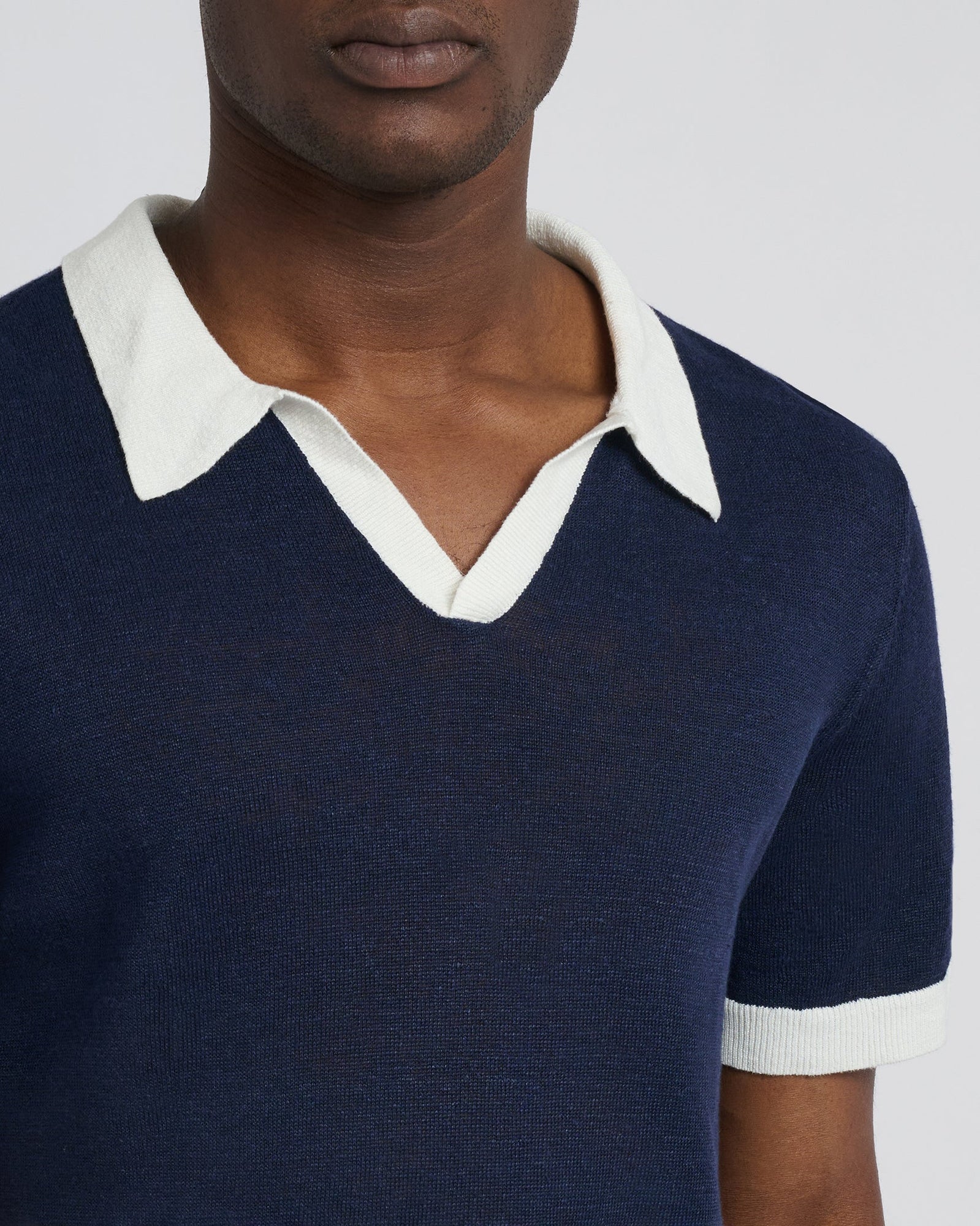 Mens | Linen Johnny Collar Polo Sweater | Deep Navy/White
