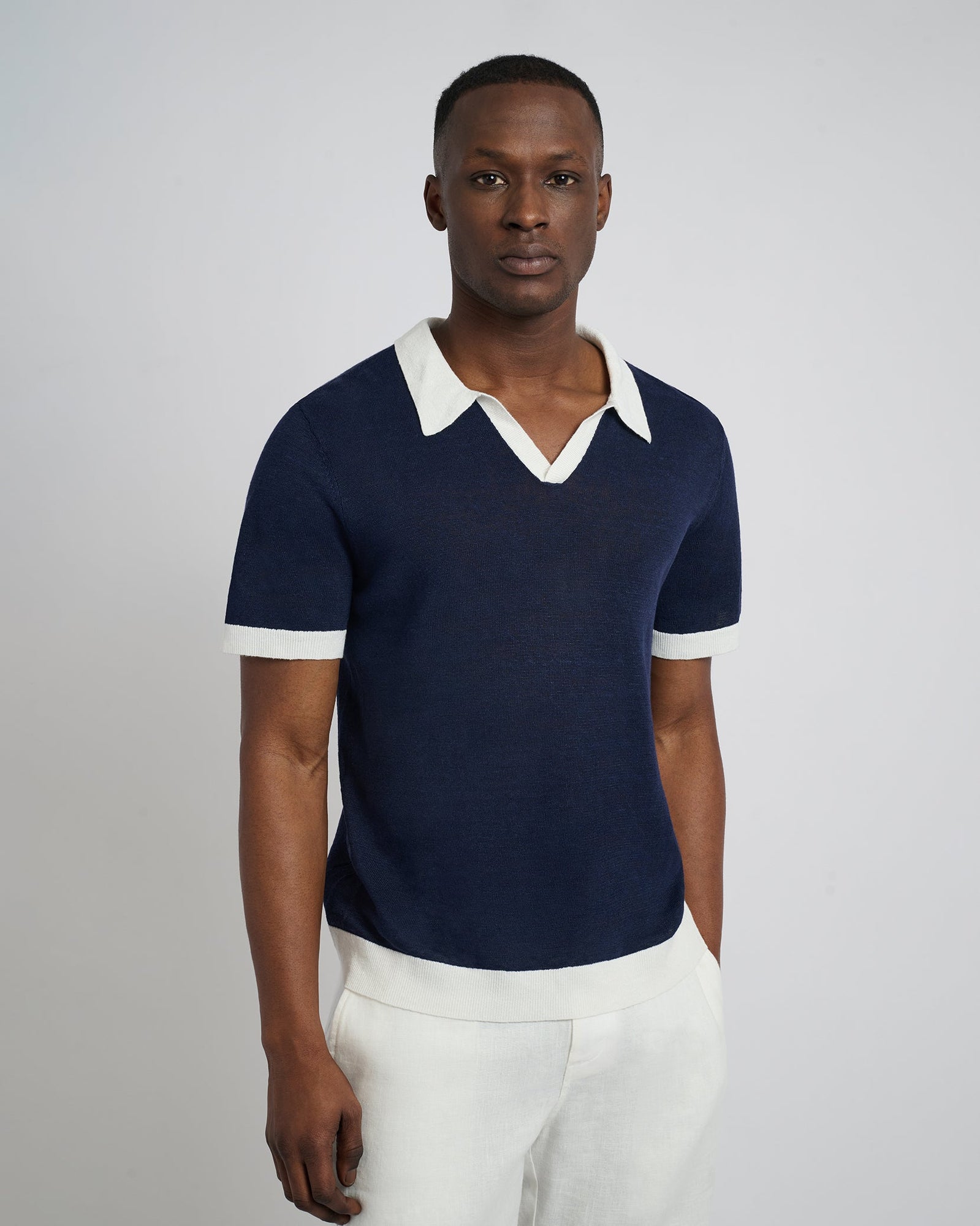 Mens | Linen Johnny Collar Polo Sweater | Deep Navy/White