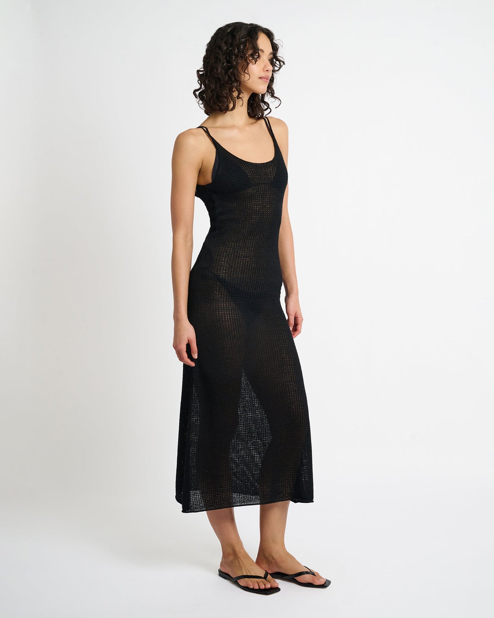Womens | Textured Linen Sweater Scoop Maxi Dress | Black