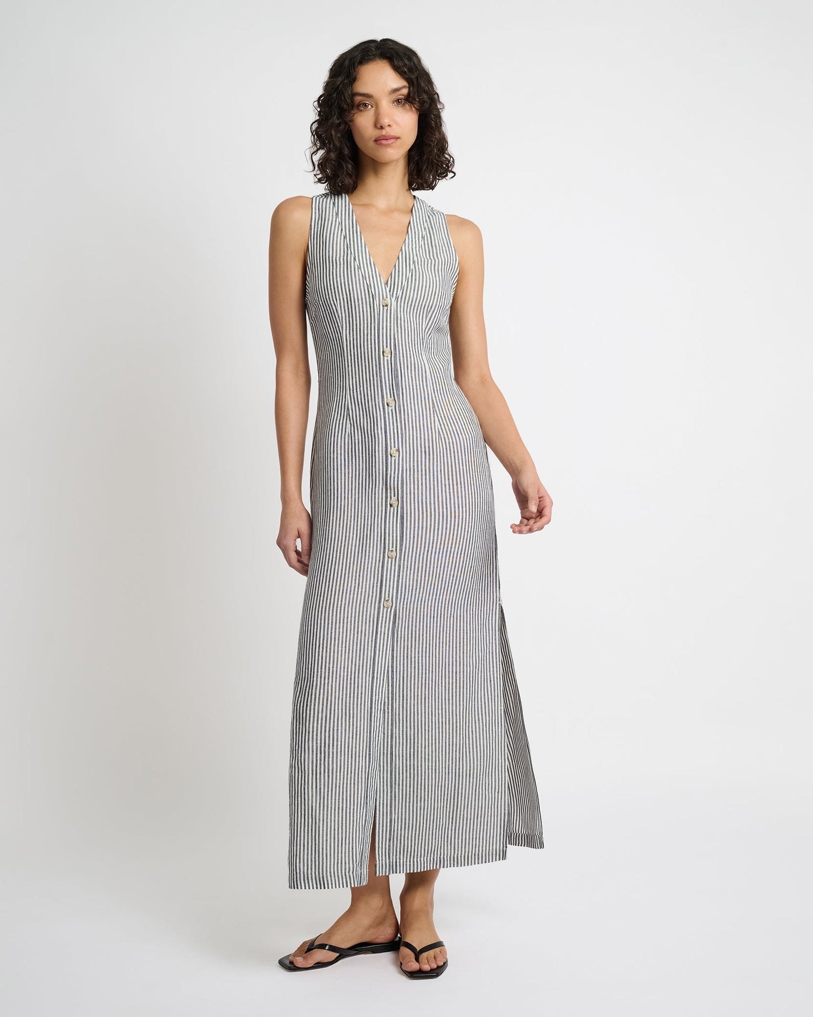 Womens | Air Linen Button Down Maxi Dress | Deep Navy/White