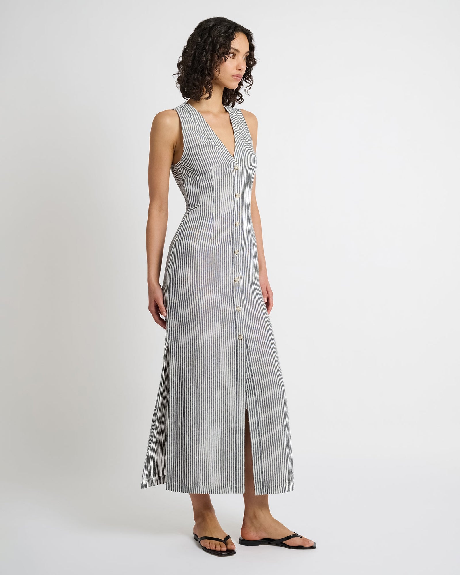 Womens | Air Linen Button Down Maxi Dress | Deep Navy/White