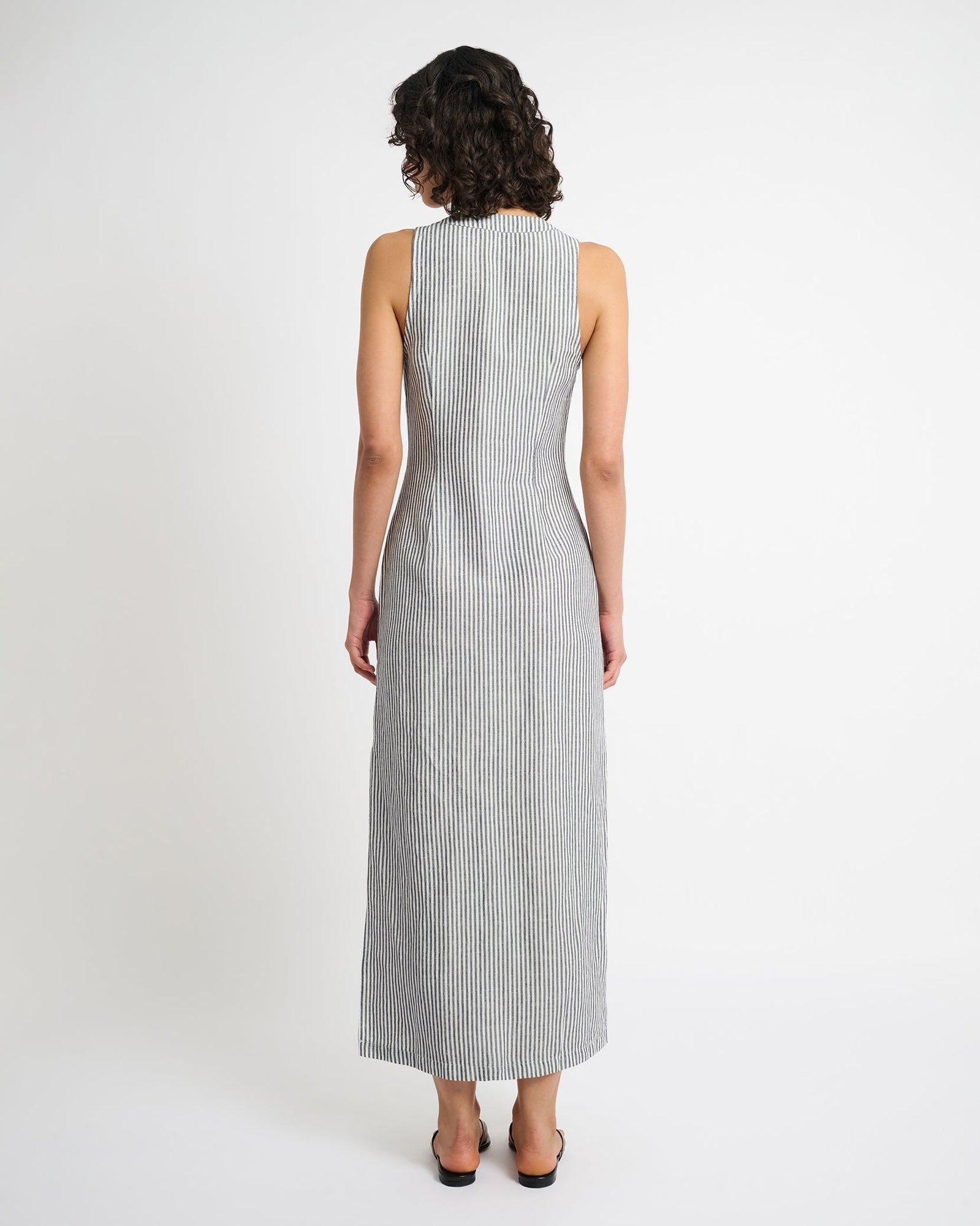 Womens | Air Linen Button Down Maxi Dress | Deep Navy/White