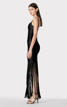 Banded Foil Fringe Gown | Black Foil