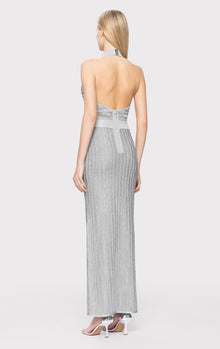 Lurex Eyelash Mock Neck Gown | Metallic Silver