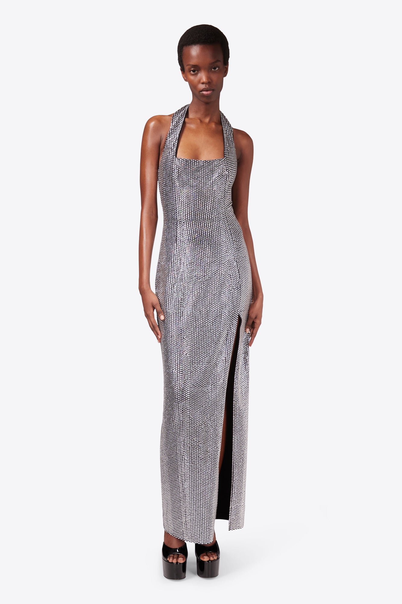 Crystal Embellished Halter Slit Gown | Black