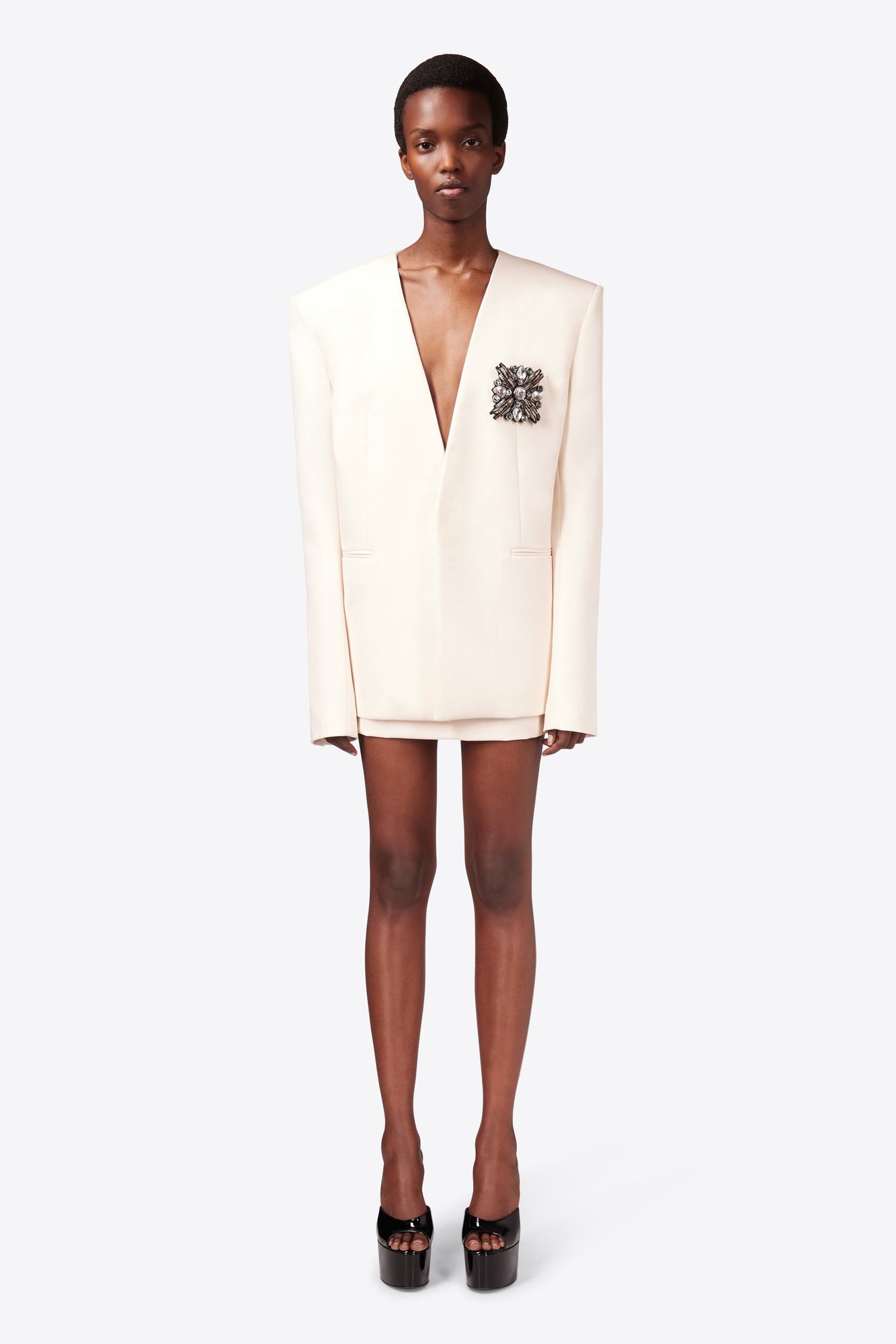 Crystal Brooch Collarless Blazer | Whipped White