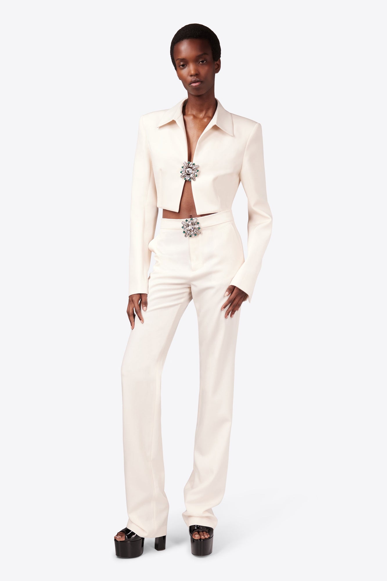 Crystal Brooch Cropped Jacket | Whipped White