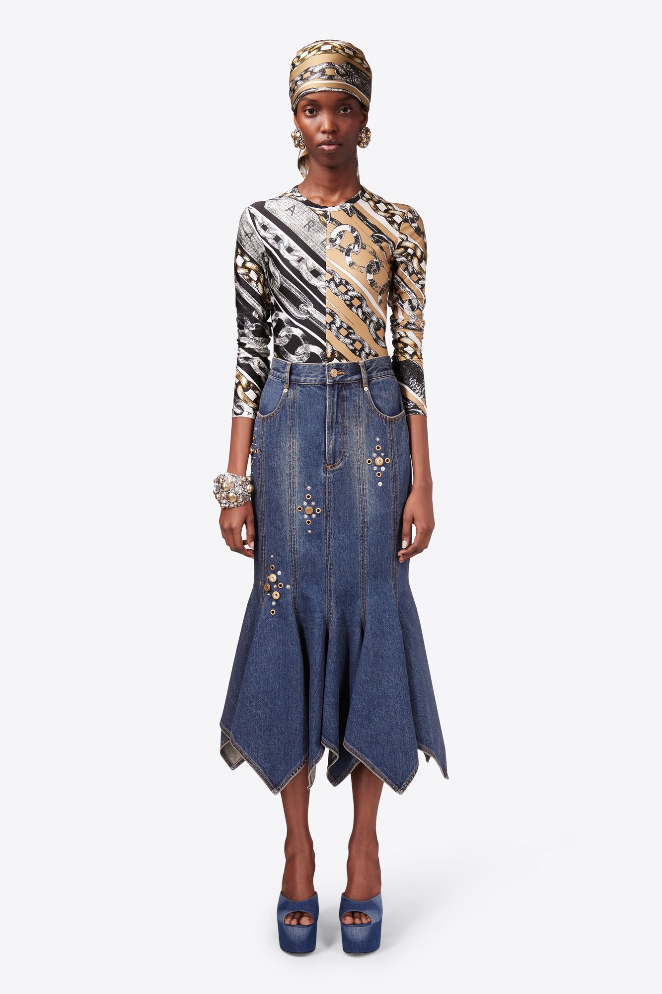 Crystal Button Studded Handkerchief Skirt | Dark Blue