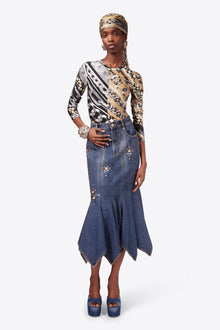 Crystal Button Studded Handkerchief Skirt | Dark Blue