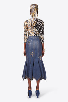 Crystal Button Studded Handkerchief Skirt | Dark Blue