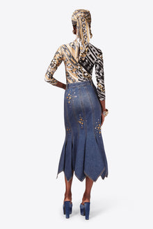 Crystal Button Studded Handkerchief Skirt | Dark Blue