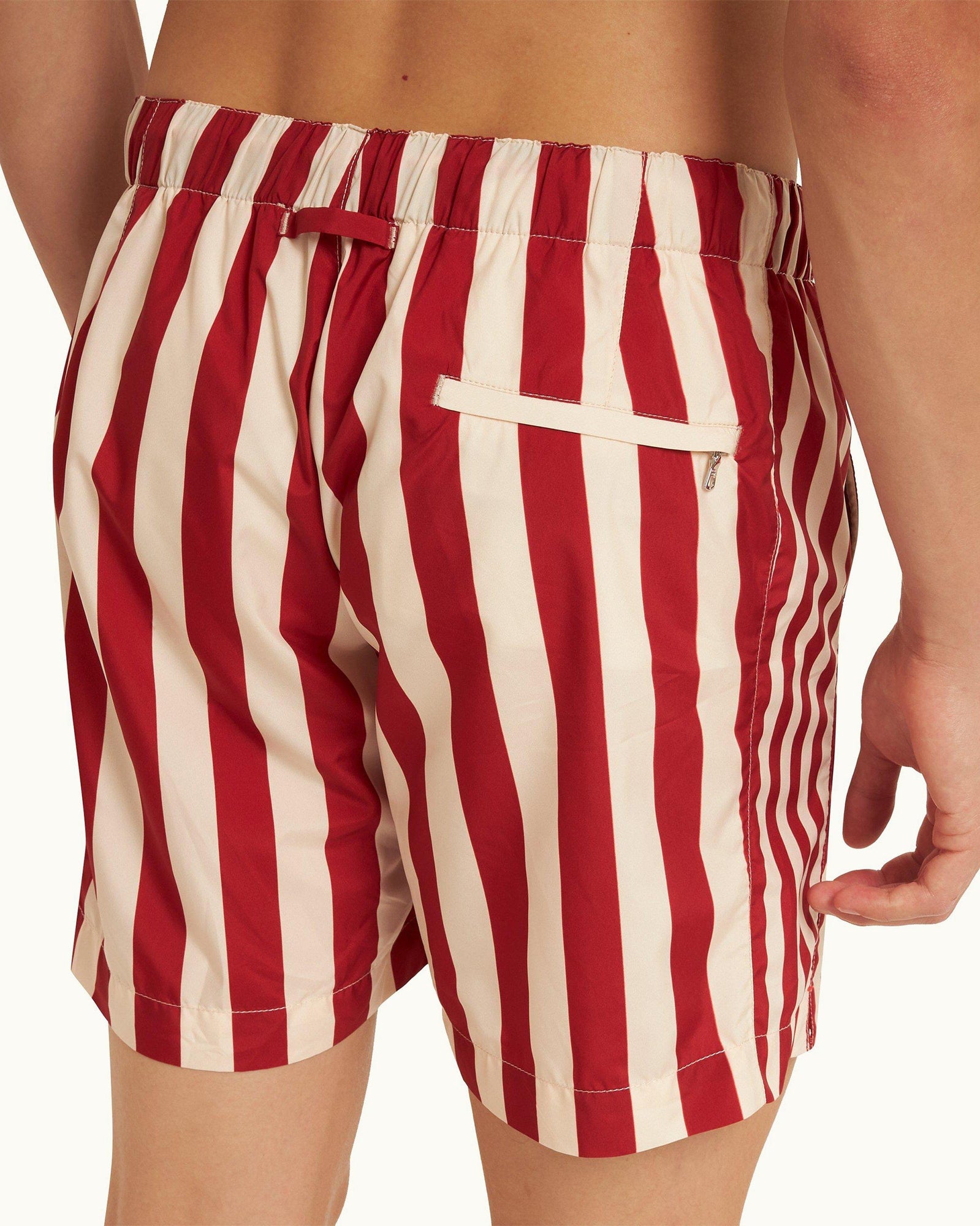 Vermillion Mix Stripe Drawcord Mid-Length Swim Shorts | Vermillion