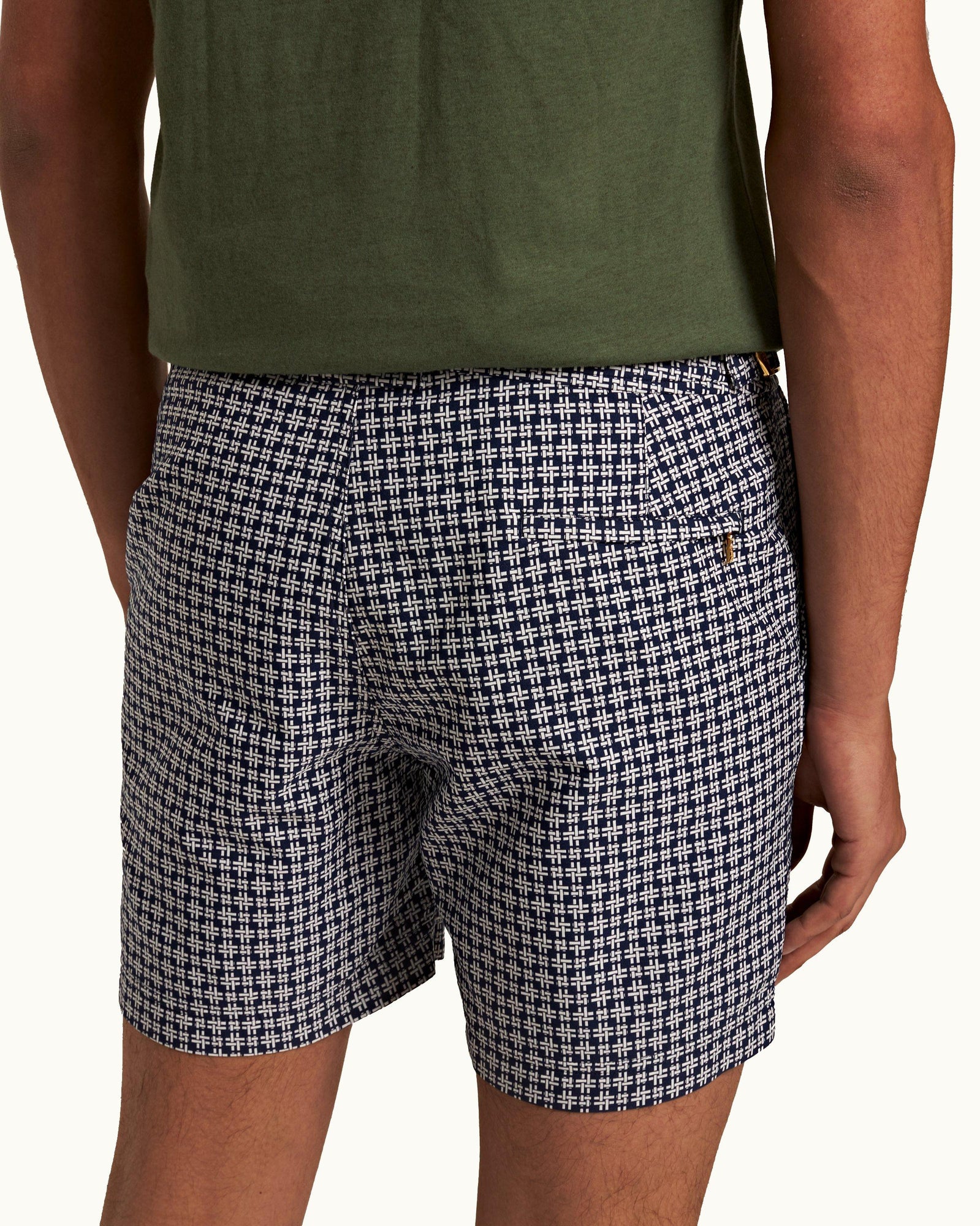 Bulldog 007 Midnight Navy/White Sand Geometric Jacquard Mid-Length Swim Shorts | Midnight Navy/White Sand