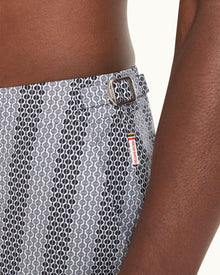 Kids | Bulldog Rills Print Mid-Length Swim Shorts Woven In France in Night Iris/White Sand colour | Night Iris/White Sand