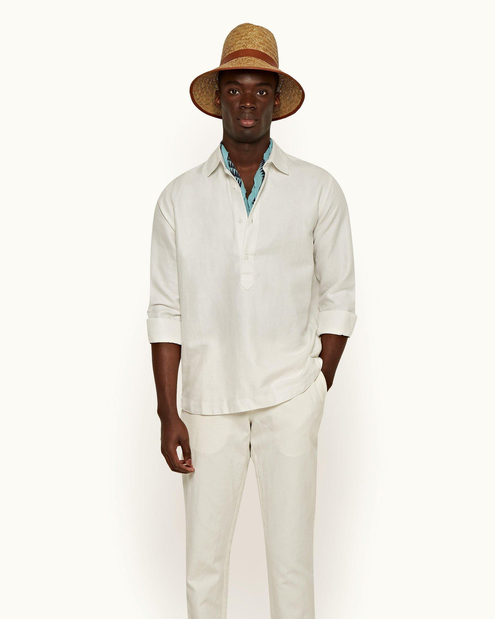 Caspian Cloud Overhead Button Placket Linen Blend Shirt | Cloud