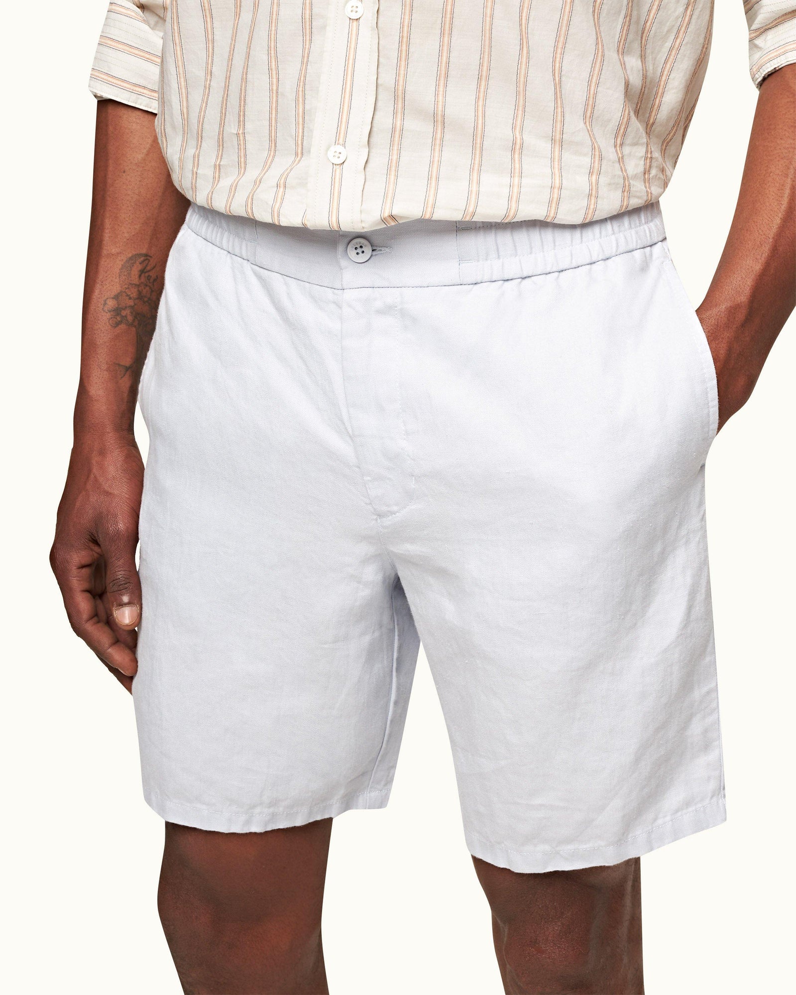Cornell Linen Light Island Sky Tailored Fit Washed Linen Drawcord Shorts | Light Island Sky