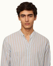 Island Sky/White Grandad Collar Stripe Cotton Shirt | Island Sky/White