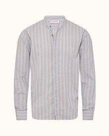 Island Sky/White Grandad Collar Stripe Cotton Shirt | Island Sky/White