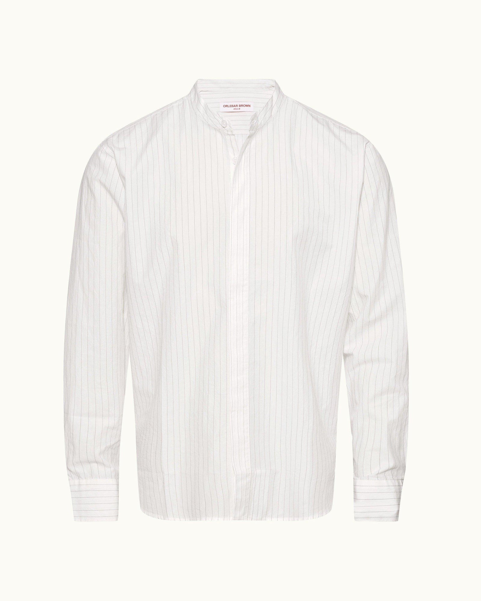 White Pinstripe Grandad Collar Cotton Shirt | White